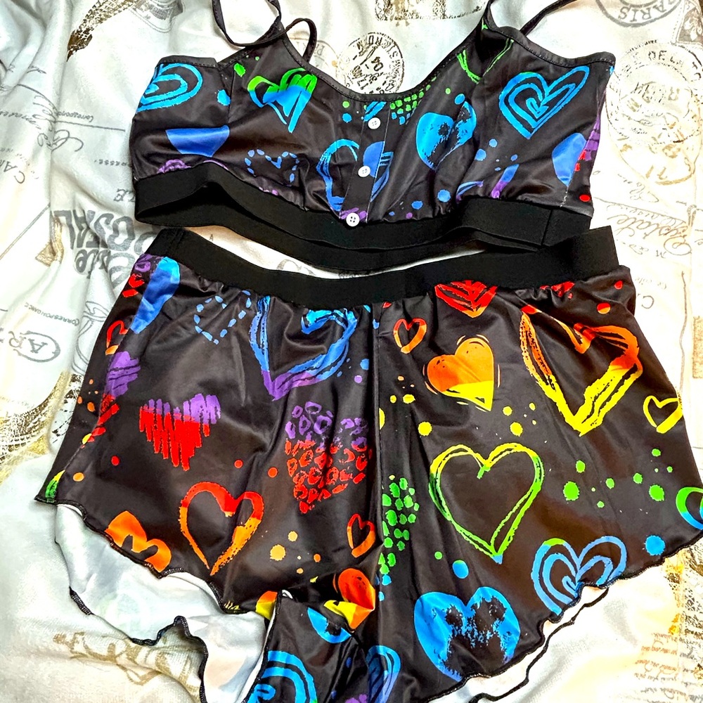 Medium colorful hearts 3 button top and cheeky shorts ….